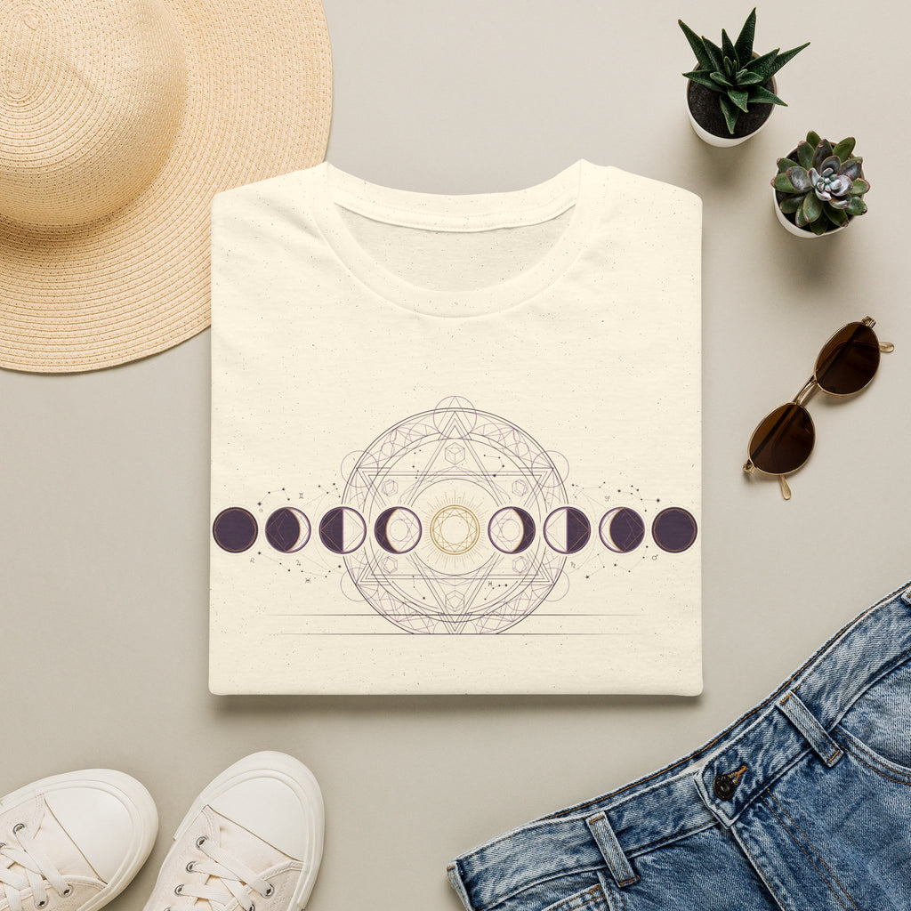 Off-white crew-neck T-shirt with moon phase circle graphic and central geometric moon