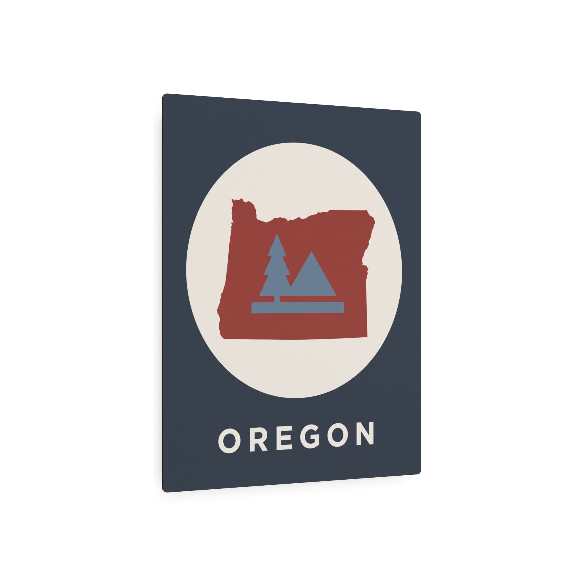 Front of Oregon metal silhouette wall sign with circular graphic and “OREGON” text