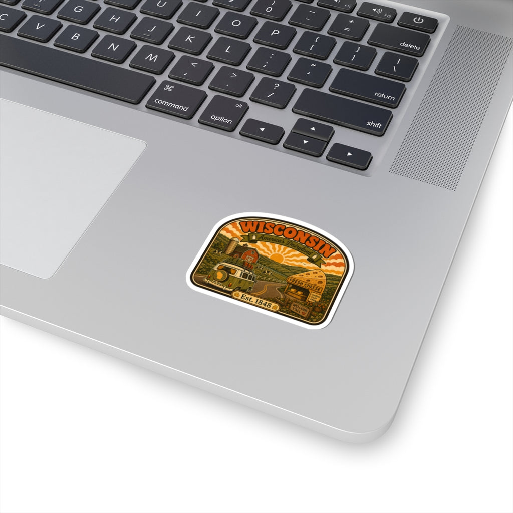 Wisconsin Dairyland sticker: oval vintage cheese farm scene, kiss-cut white border.