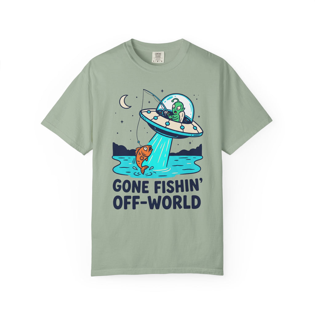 Seafoam green alien fishing T-shirt with UFO and "Gone Fishin' Off-World" text