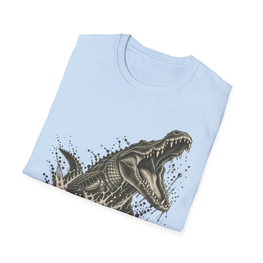 Light blue alligator graphic T-shirt with lunging swamp alligator print