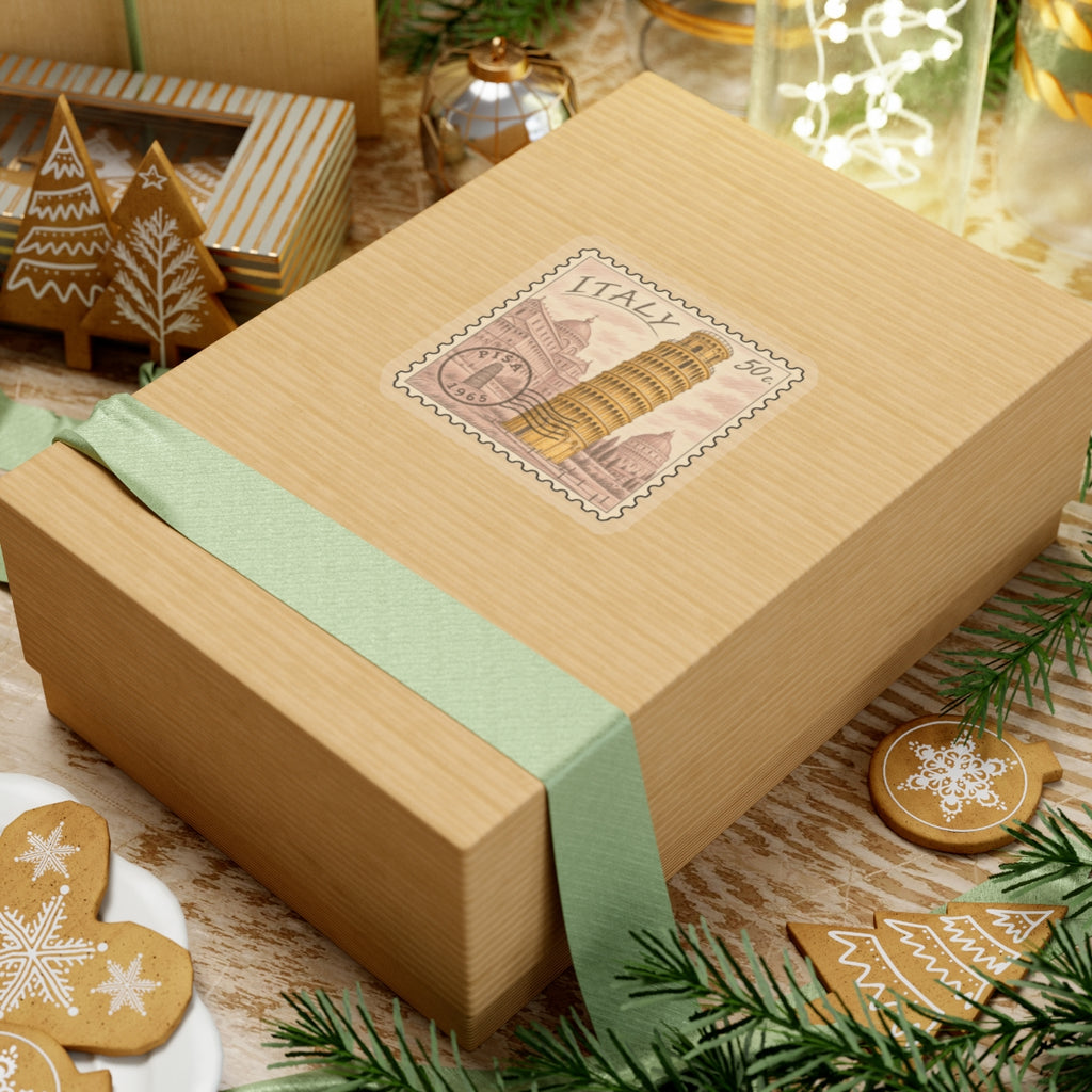 Italy stamp sticker on wrapped gift, Leaning Tower of Pisa and ITALY, 50
