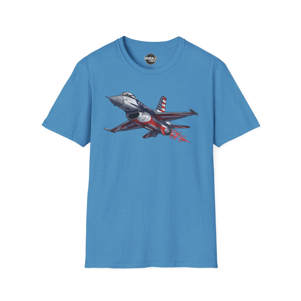 F-16 T-Shirt, blue, front print of F-16 jet with American flag and red streaks