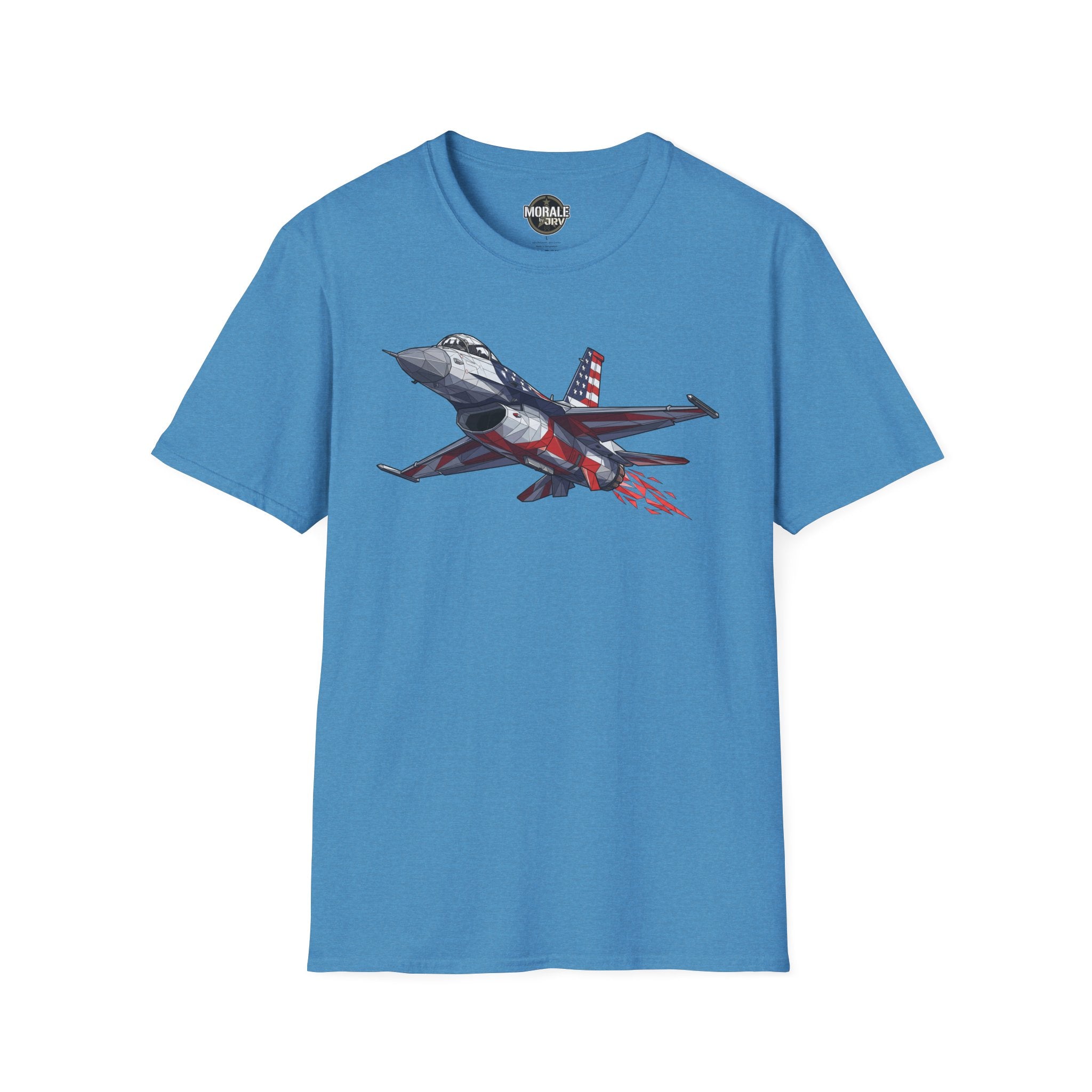 F-16 T-Shirt, blue, front print of F-16 jet with American flag and red streaks