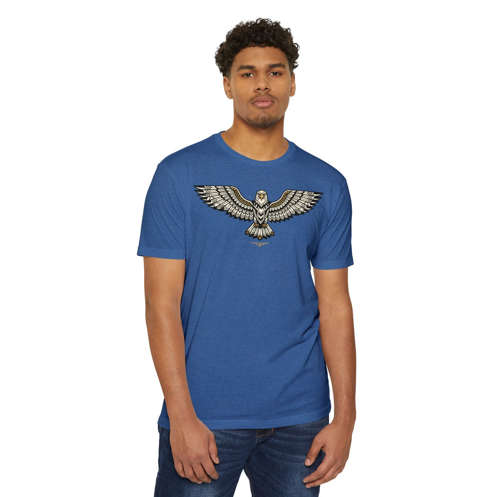 Blue unisex T-shirt with gold-and-black soaring owl graphic centered on chest.