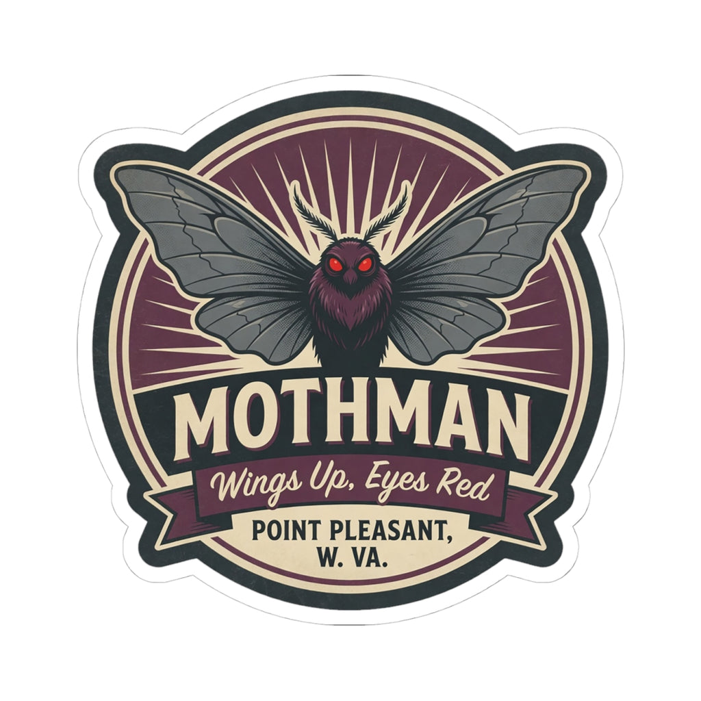 Mothman emblem kiss-cut sticker with spread wings, red eyes, and “Wings Up, Eyes Red”