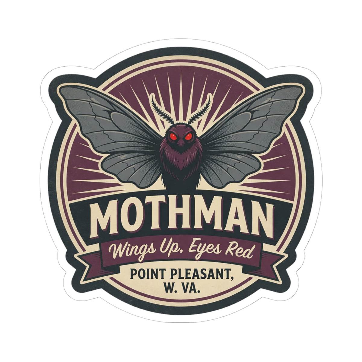 Mothman emblem kiss-cut sticker with spread wings, red eyes, and “Wings Up, Eyes Red”
