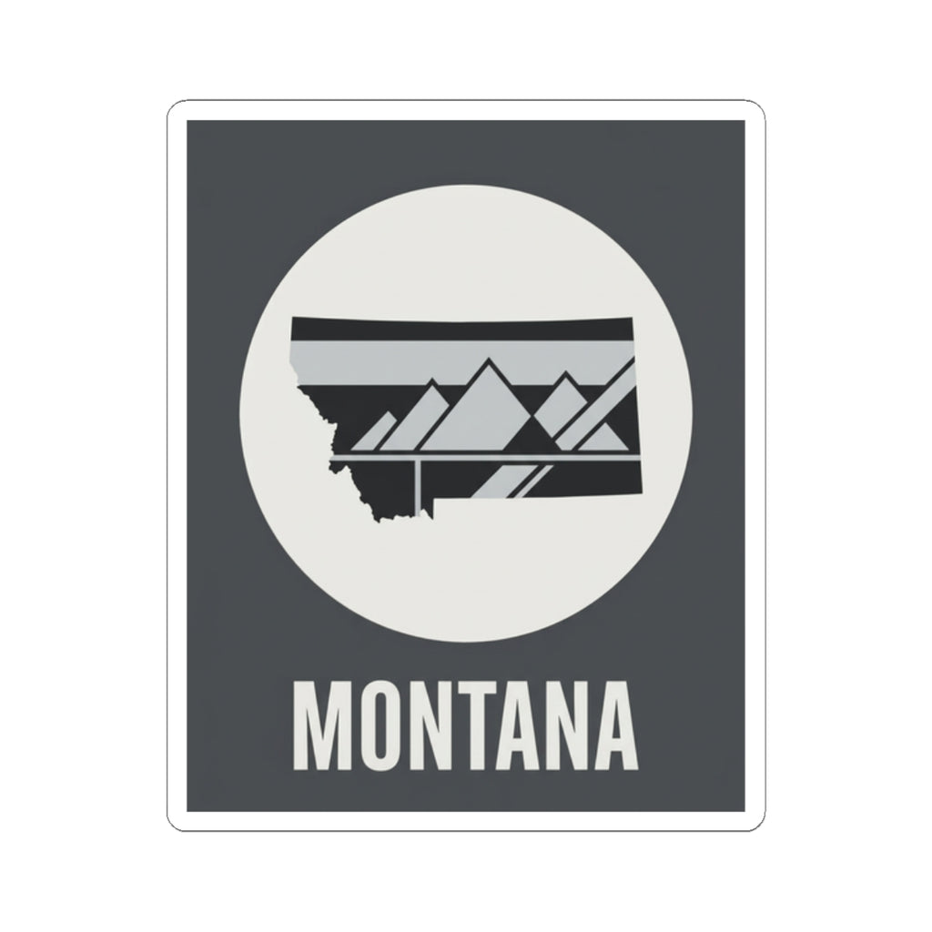 Montana mountain badge sticker featuring white circle landscape graphic and MONTANA text on dark gray