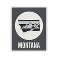 Montana mountain badge sticker featuring white circle landscape graphic and MONTANA text on dark gray