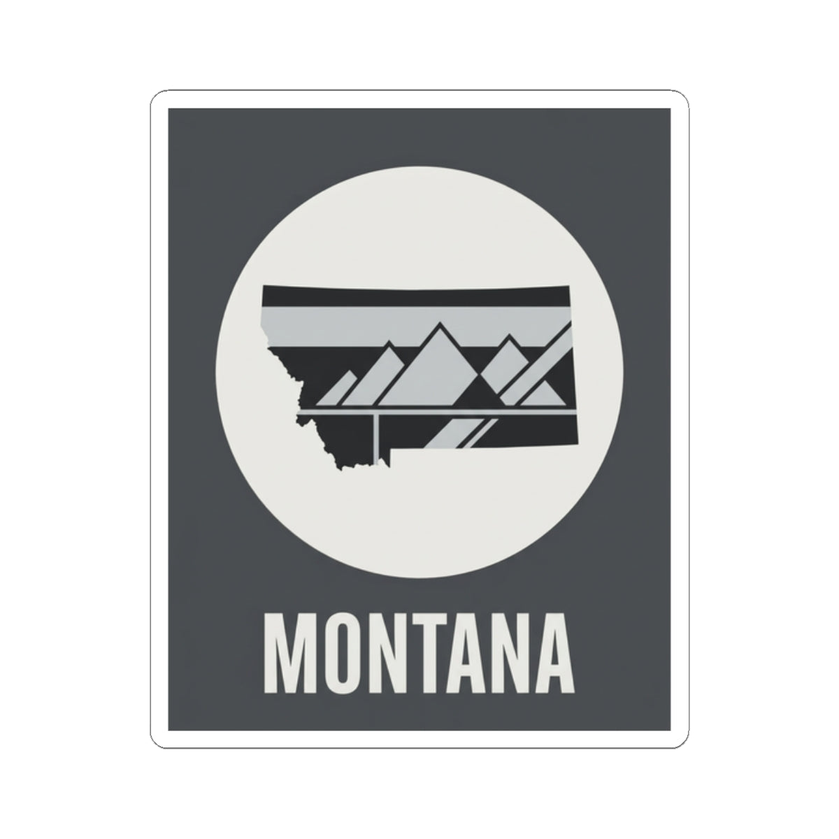 Montana mountain badge sticker featuring white circle landscape graphic and MONTANA text on dark gray