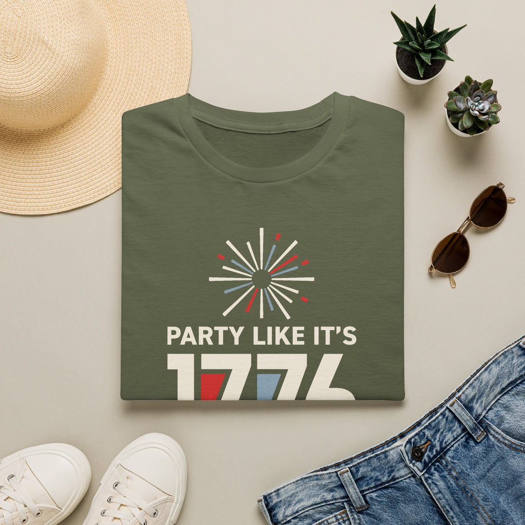 Green T-shirt with fireworks 'PARTY LIKE IT'S 1776' graphic