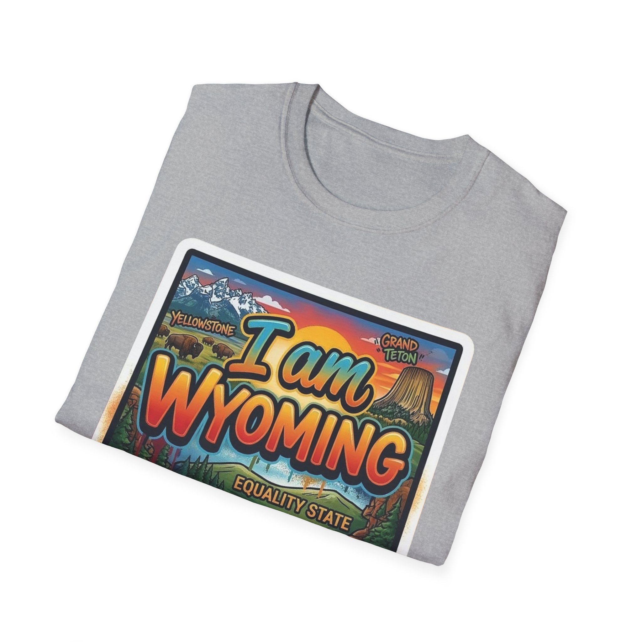 I Am Wyoming T-shirt, sport grey with colorful "I am Wyoming" postcard graphic