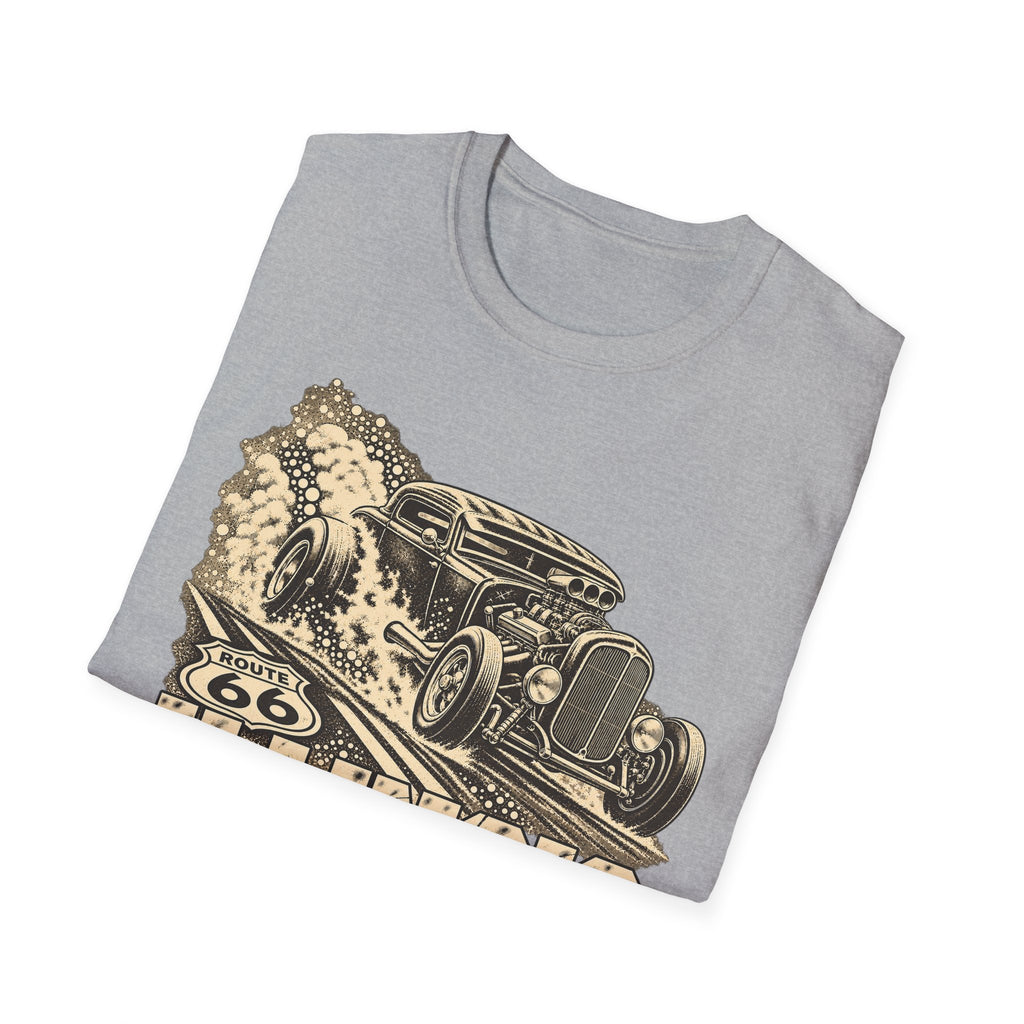 Light gray short-sleeve T-shirt with vintage hot rod graphic across the front