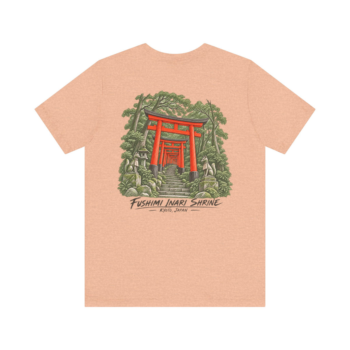Peach t-shirt with red torii gate graphic and green shrine illustration on the front