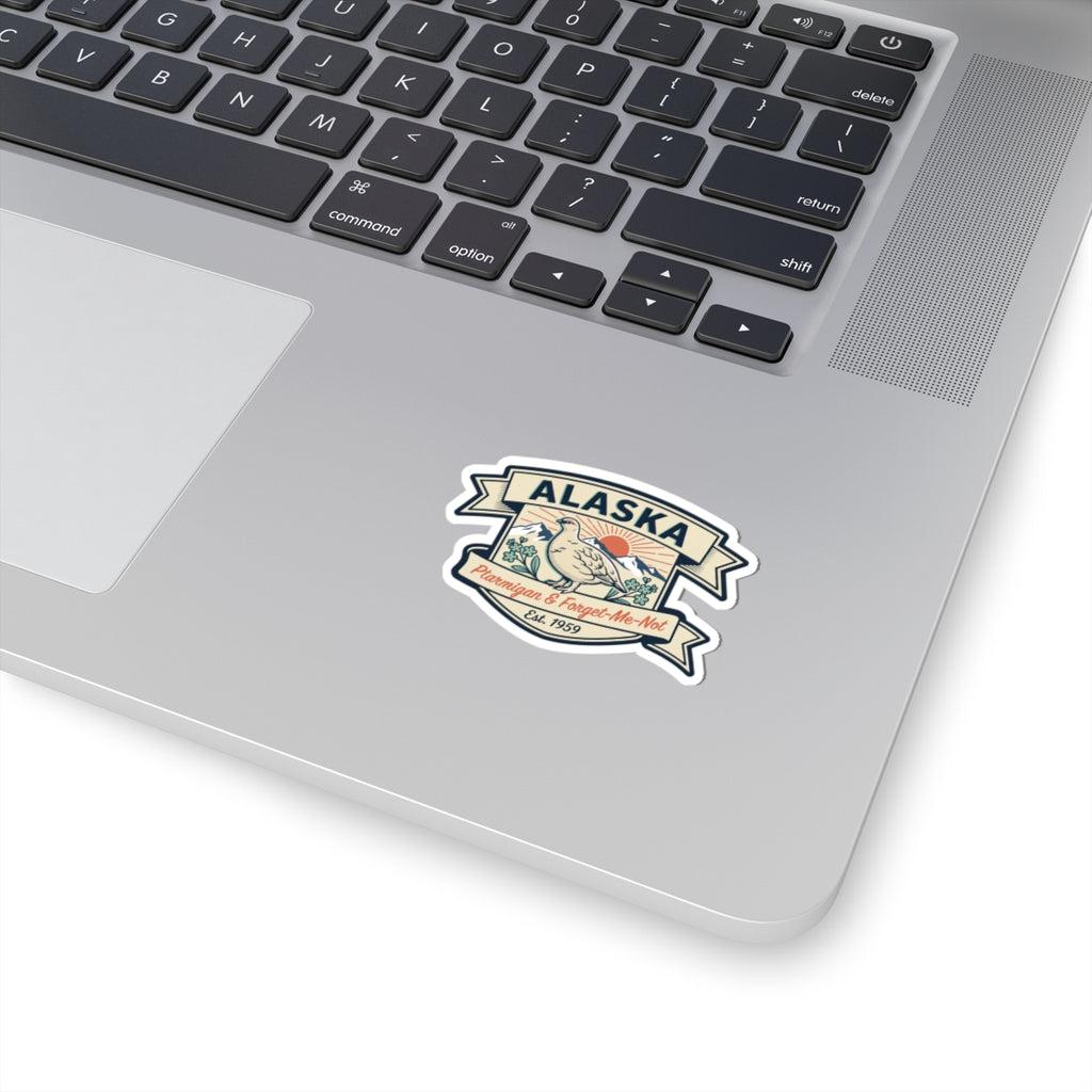 Vintage Alaska state badge vinyl sticker with banner and bird illustration