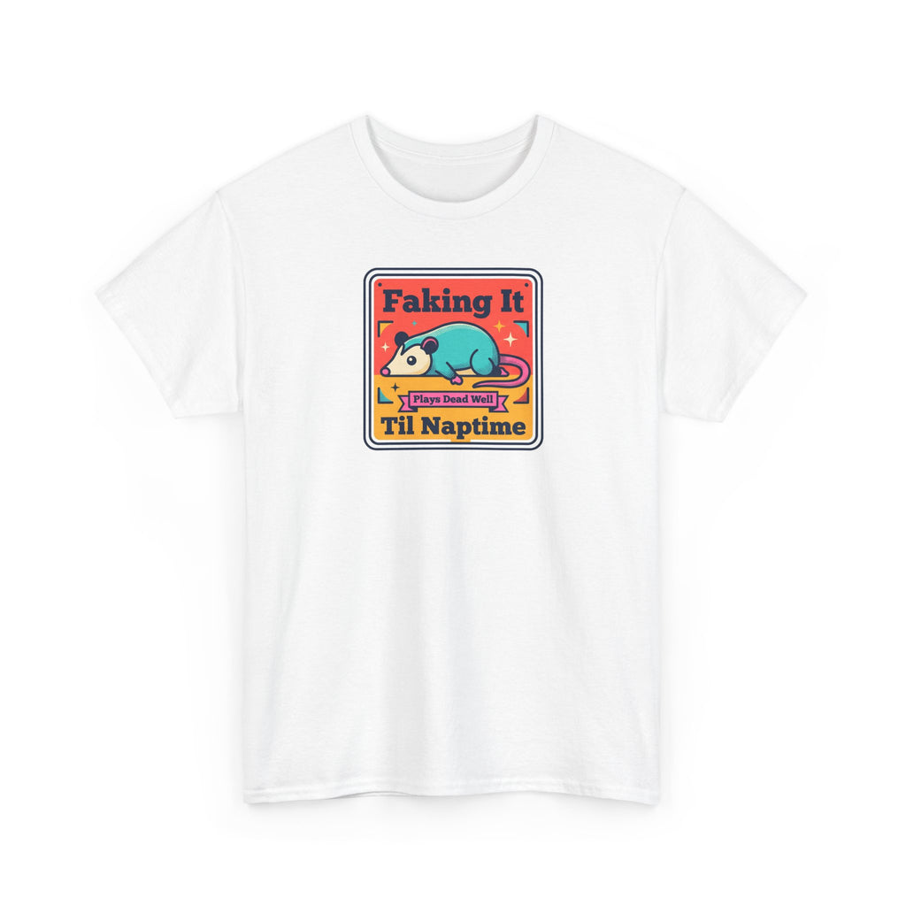 White T-shirt with sleeping panda graphic and “Faking It ’Til Naptime” text on front