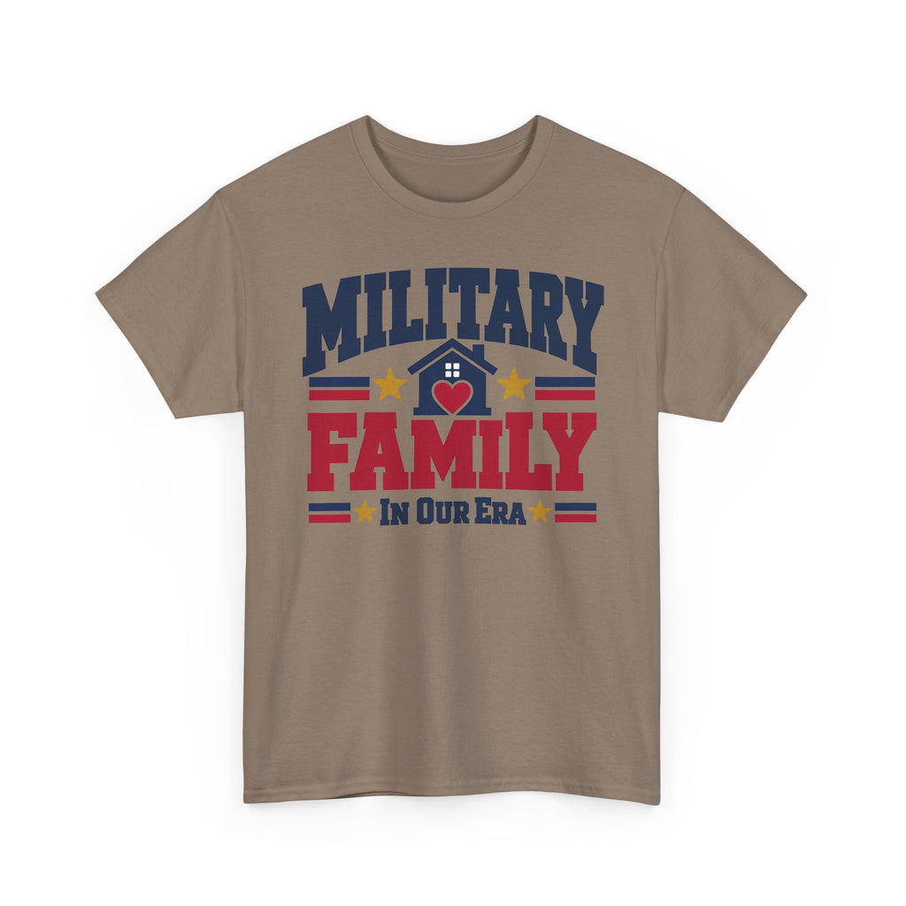 Unisex brown T-shirt with “Military Family” patriotic heart graphic on front