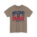 Unisex brown T-shirt with “Military Family” patriotic heart graphic on front