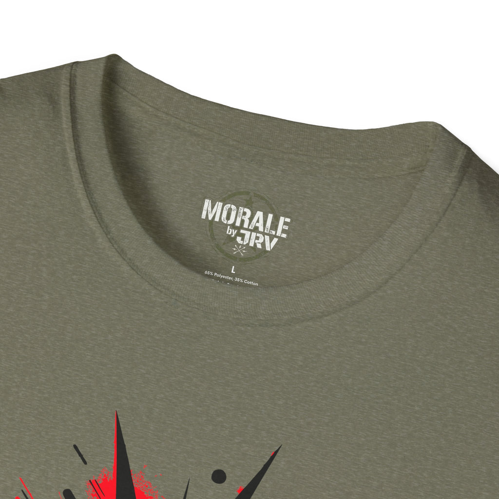 Military green crewneck collar with white logo text and red graphic print detail