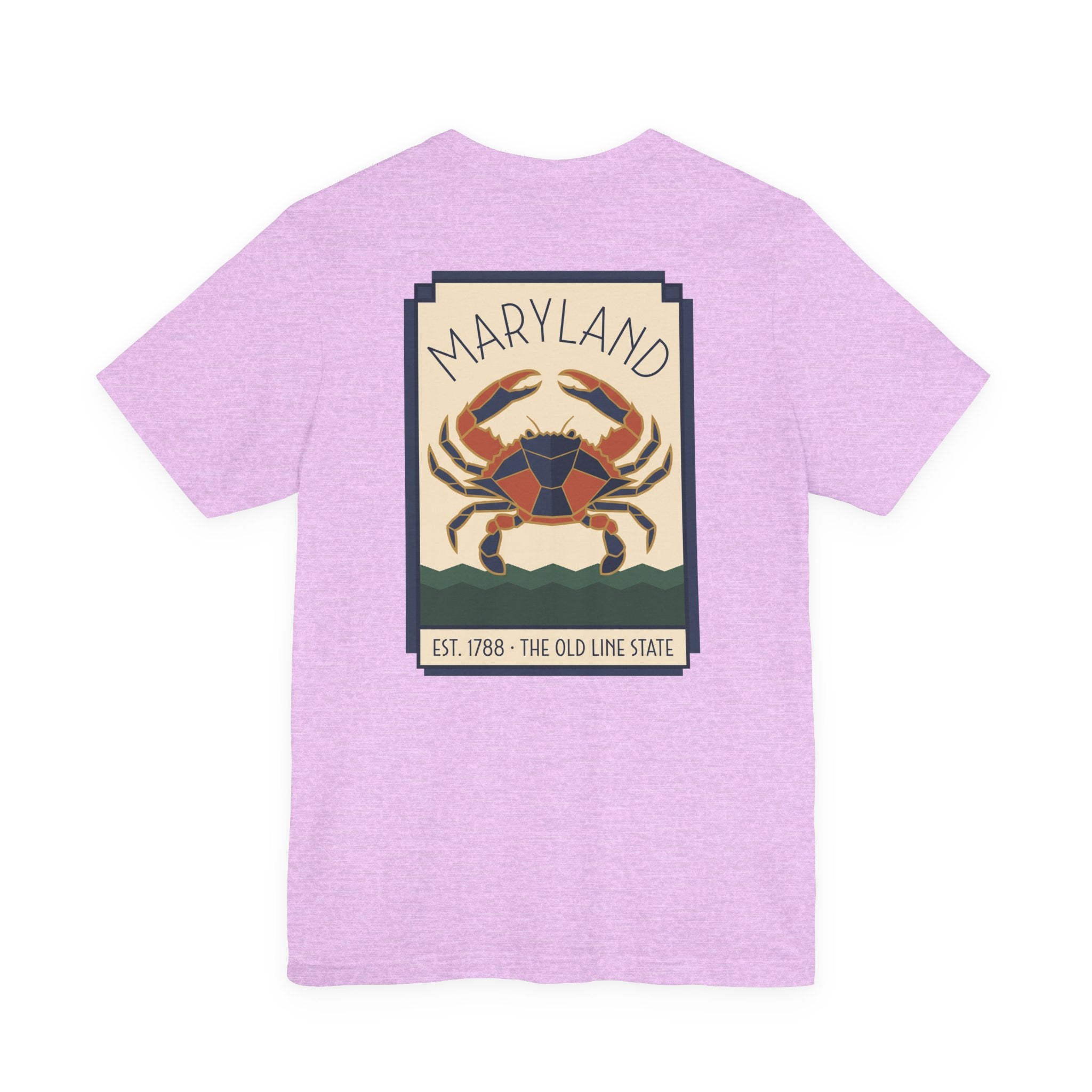 Lavender t-shirt with Maryland art deco crab graphic on the front