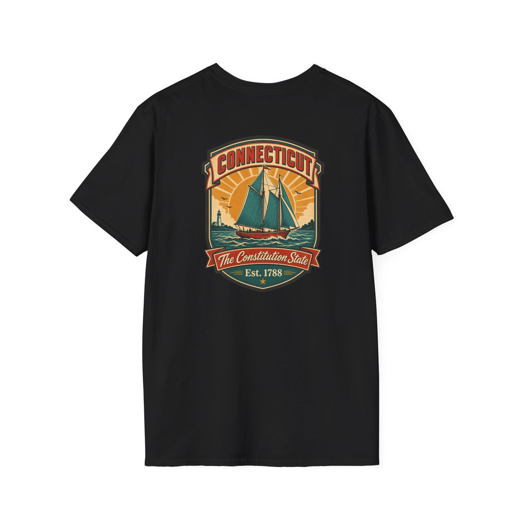 Black T-shirt with Connecticut badge sailboat graphic on the chest
