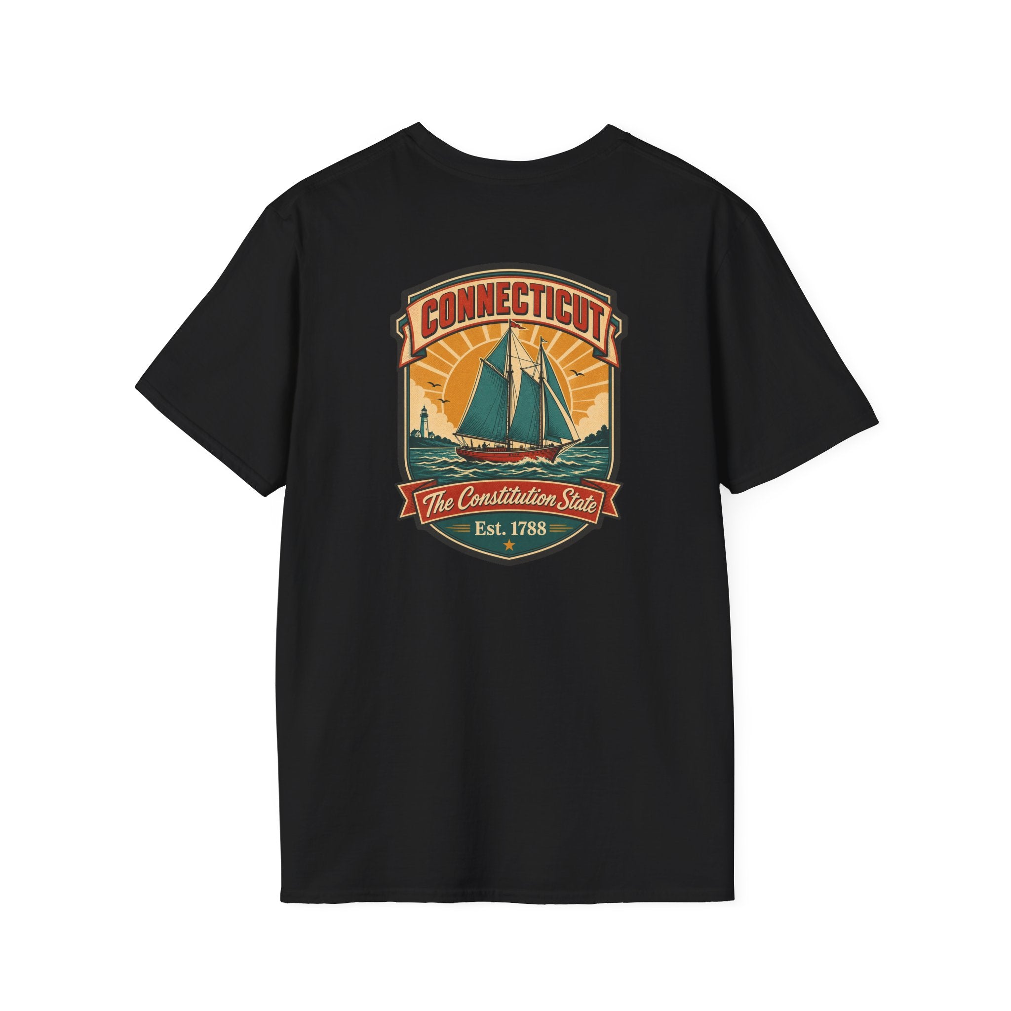Black T-shirt with Connecticut badge sailboat graphic on the chest