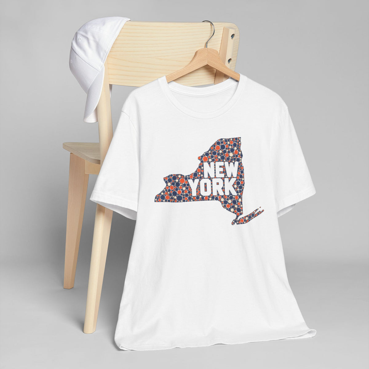White T-shirt with colorful dotted New York state outline graphic print