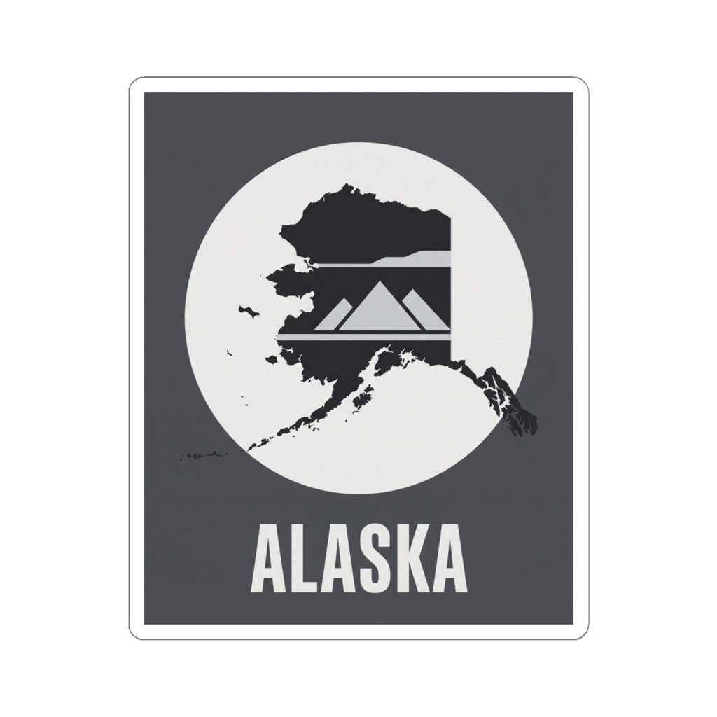 Square Alaska map mountain silhouette vinyl sticker with “ALASKA” text, dark gray and white.
