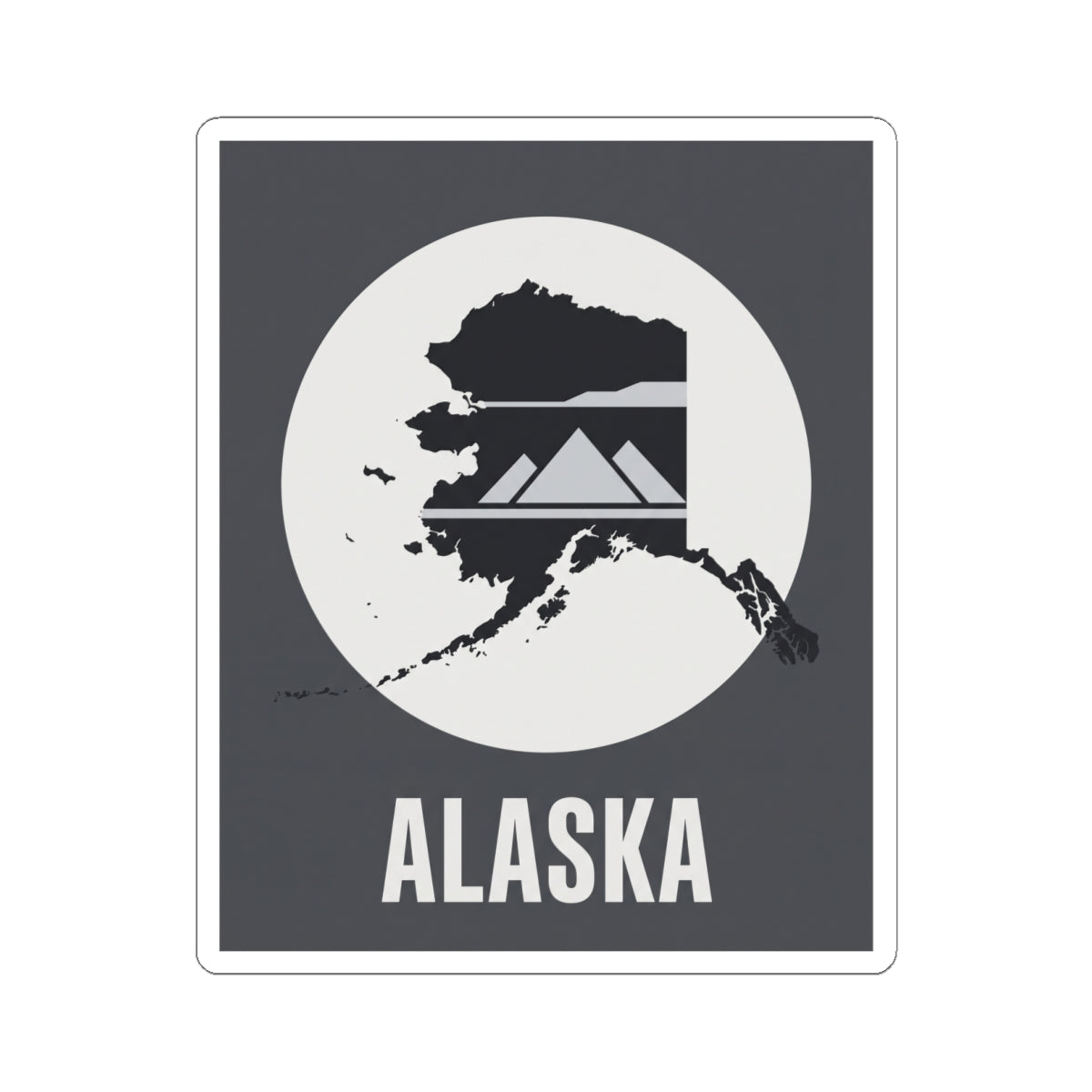 Square Alaska map mountain silhouette vinyl sticker with “ALASKA” text, dark gray and white.