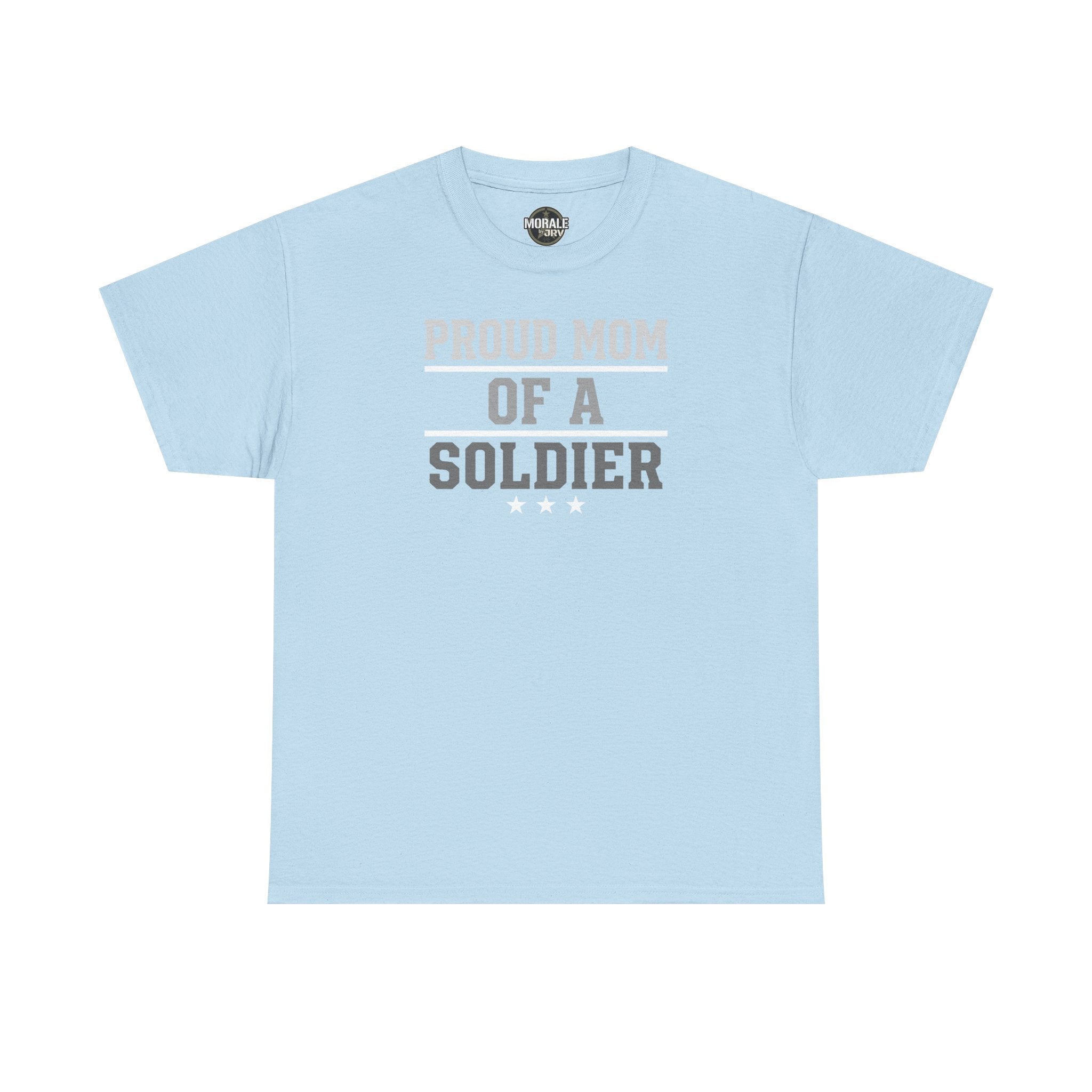 Light blue crewneck T-shirt with “Proud Mom of a Soldier” graphic and three stars