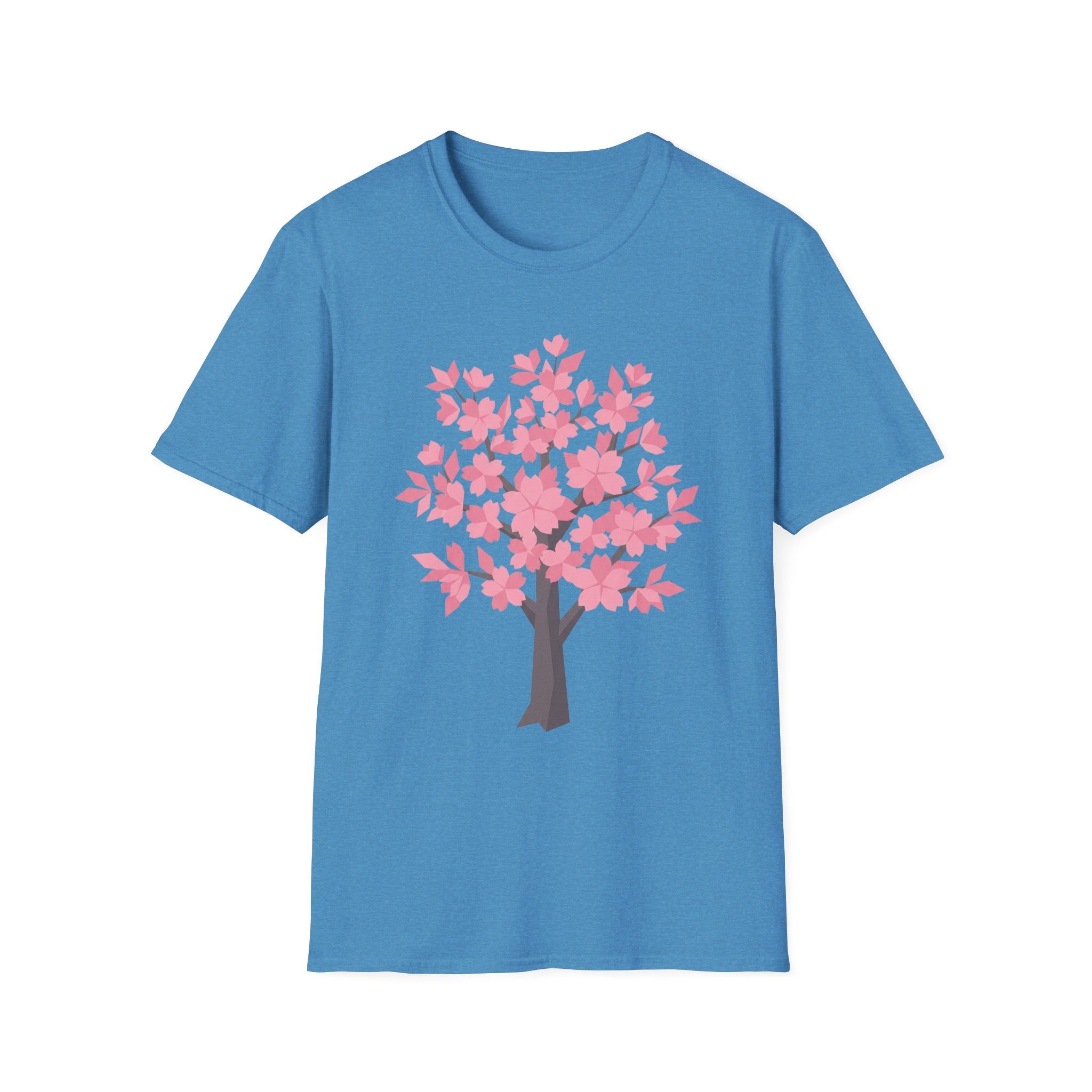 Cherry blossom tree T-shirt, pink floral design on blue front