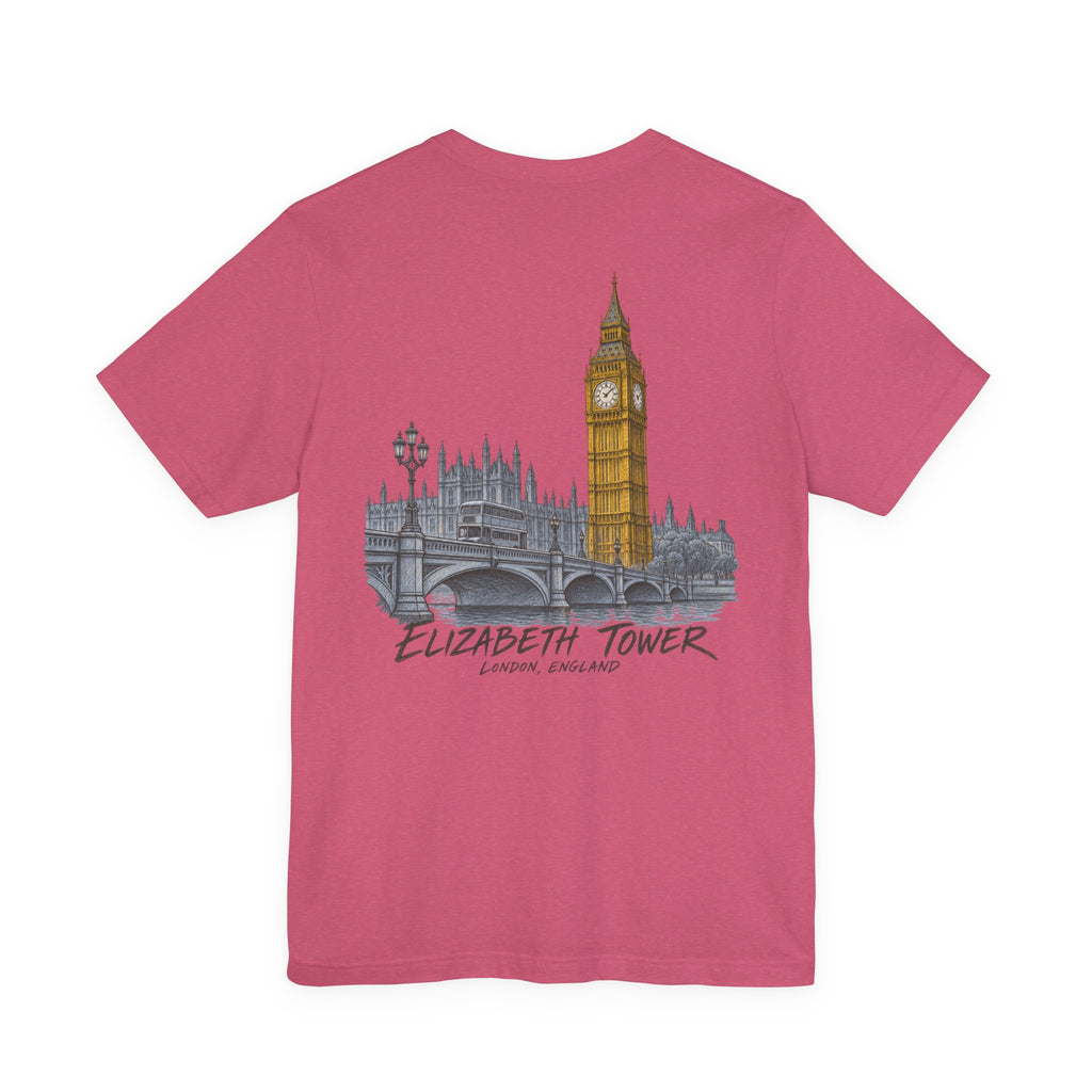 Rose-red T-shirt with short sleeves, featuring Elizabeth Tower skyline and text on the back