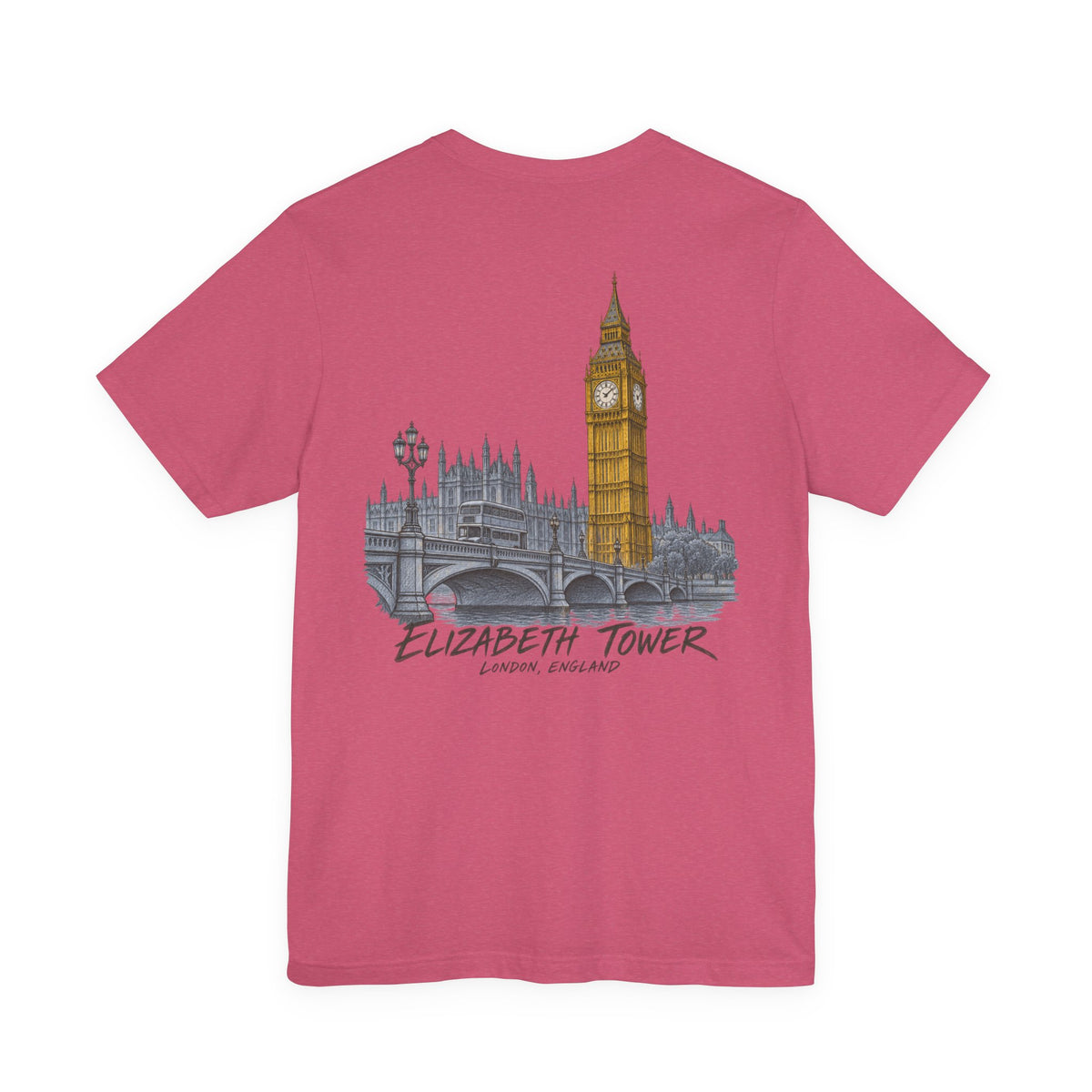 Rose-red T-shirt with short sleeves, featuring Elizabeth Tower skyline and text on the back