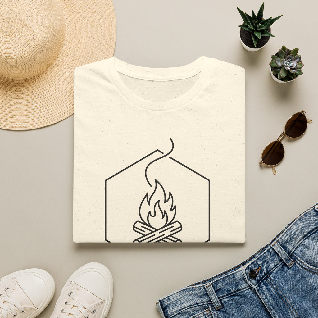White campfire graphic T-shirt with black line icon and hexagon outline on chest