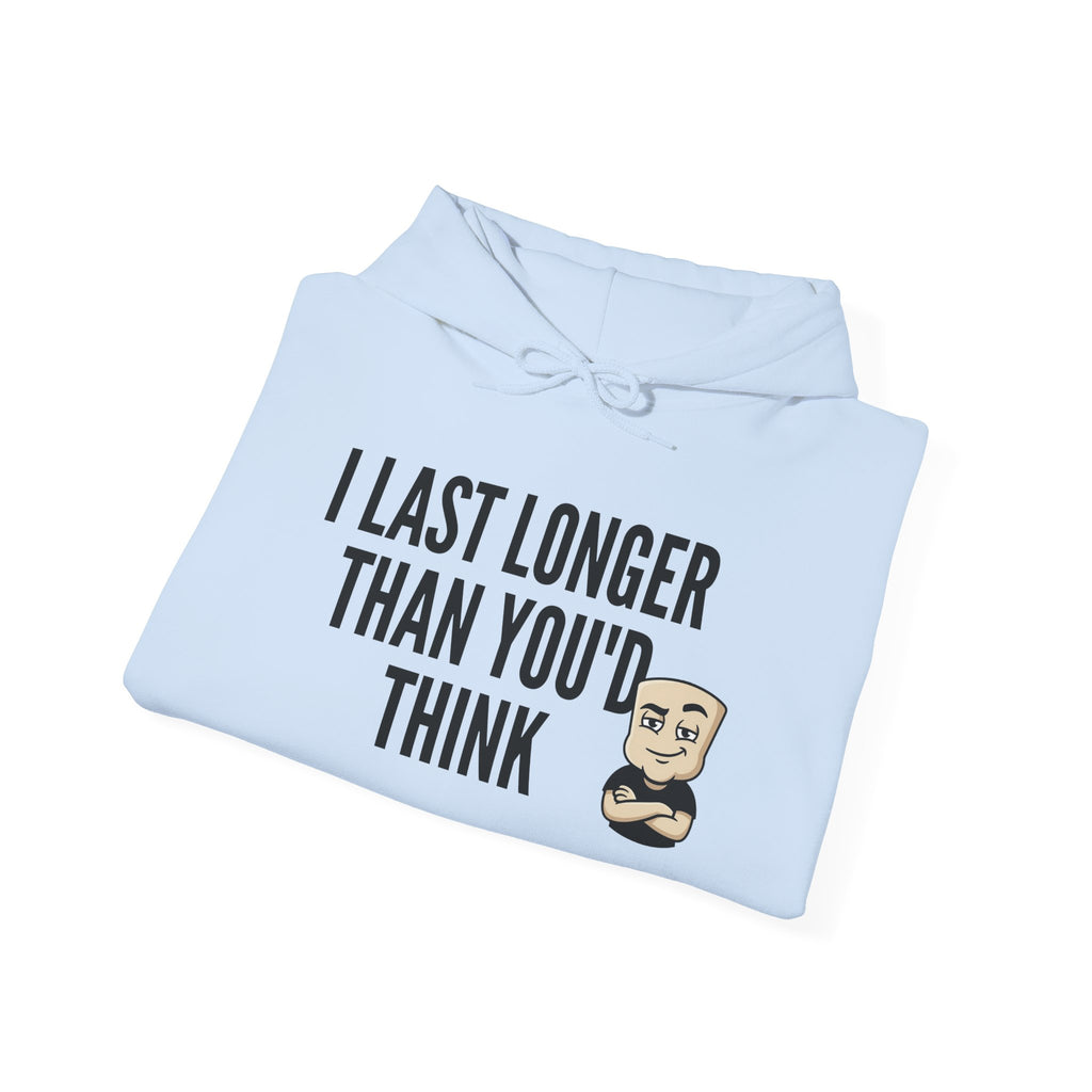 Light blue hoodie with bold text graphic and cartoon bearded face