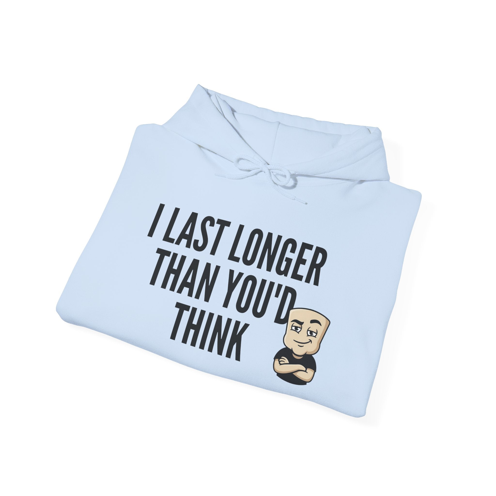Light blue hoodie with bold text graphic and cartoon bearded face