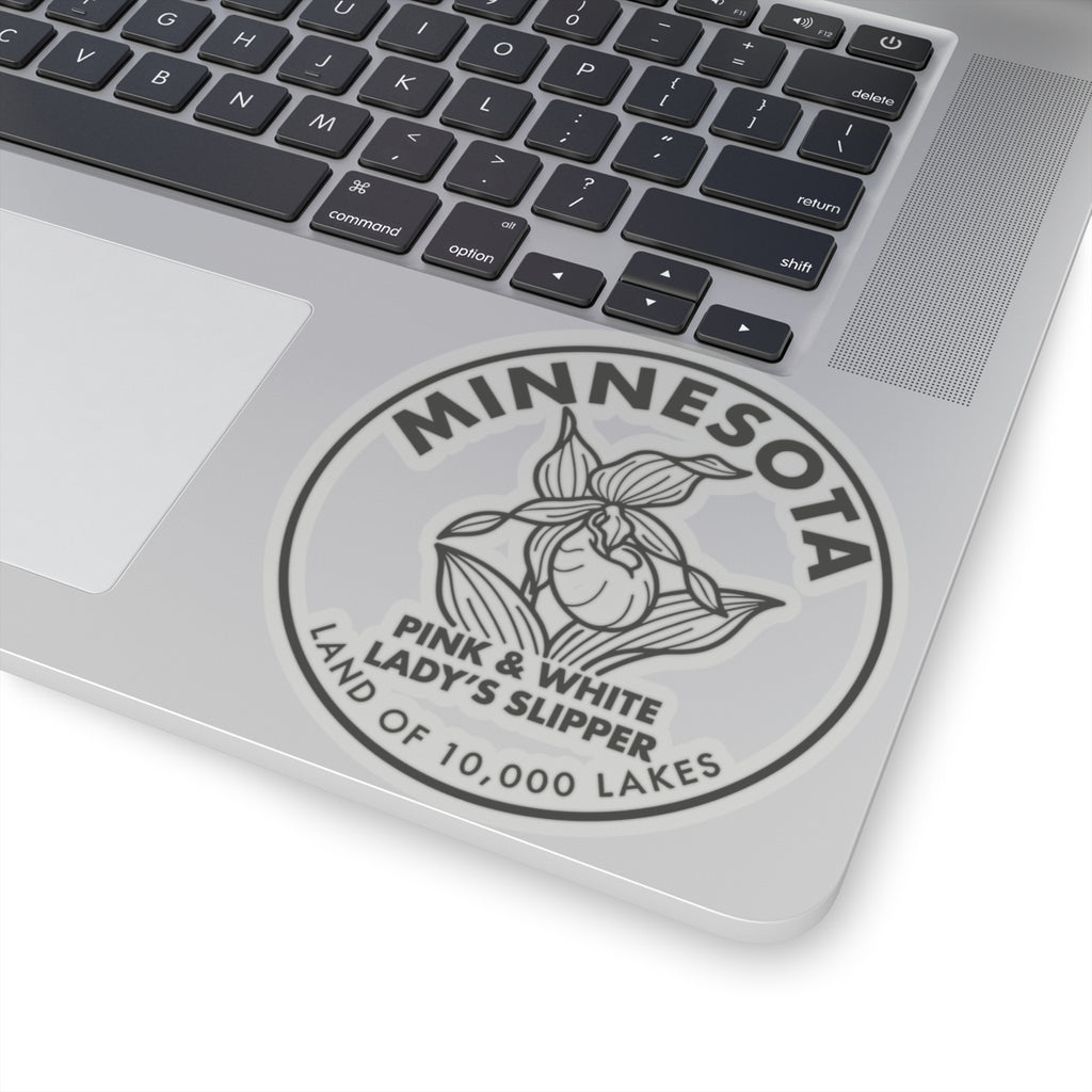 Minnesota Pink & White Lady’s Slipper sticker on laptop lid, circular state-flower seal