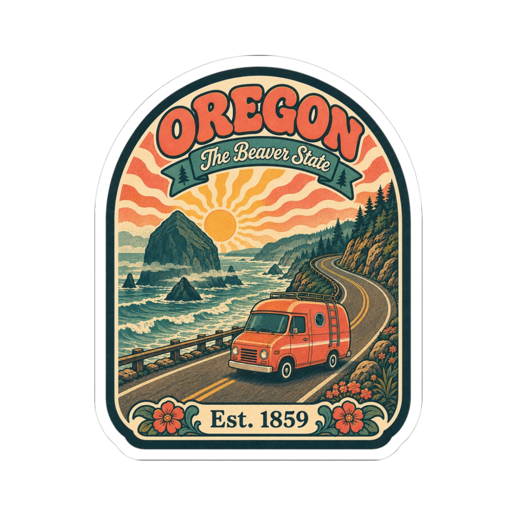 Oregon retro travel sticker with orange van on mountain road and Est. 1859