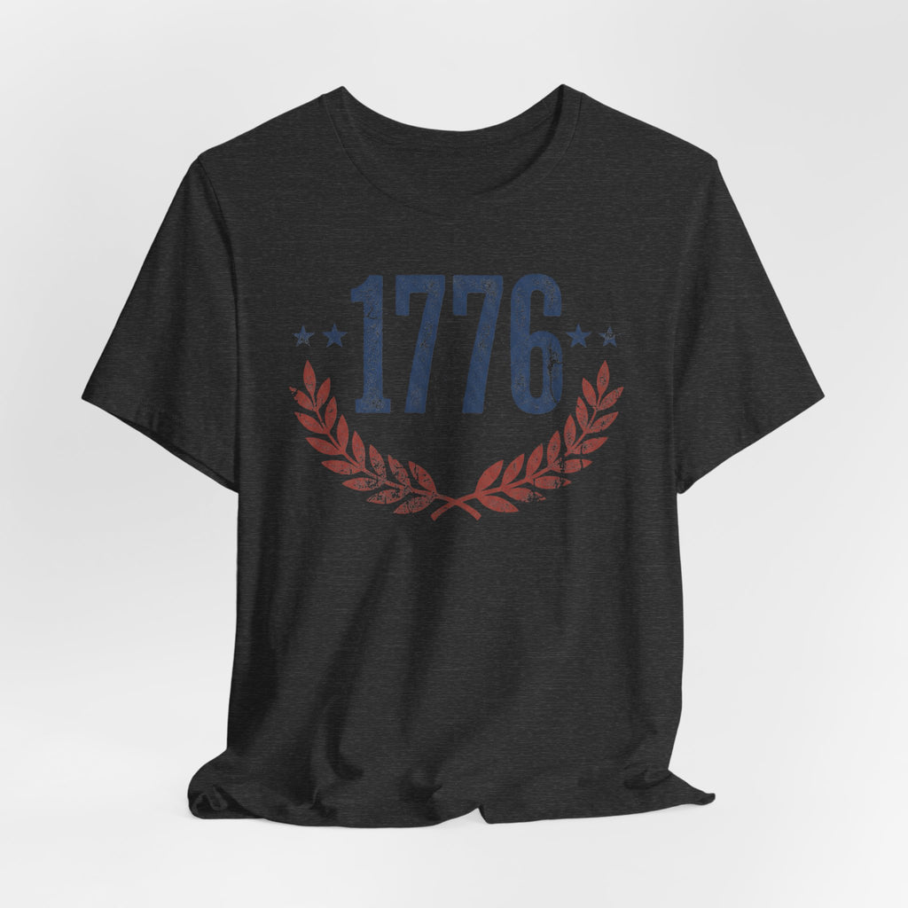 Dark gray crewneck T-shirt with 1776 text and laurel wreath graphic