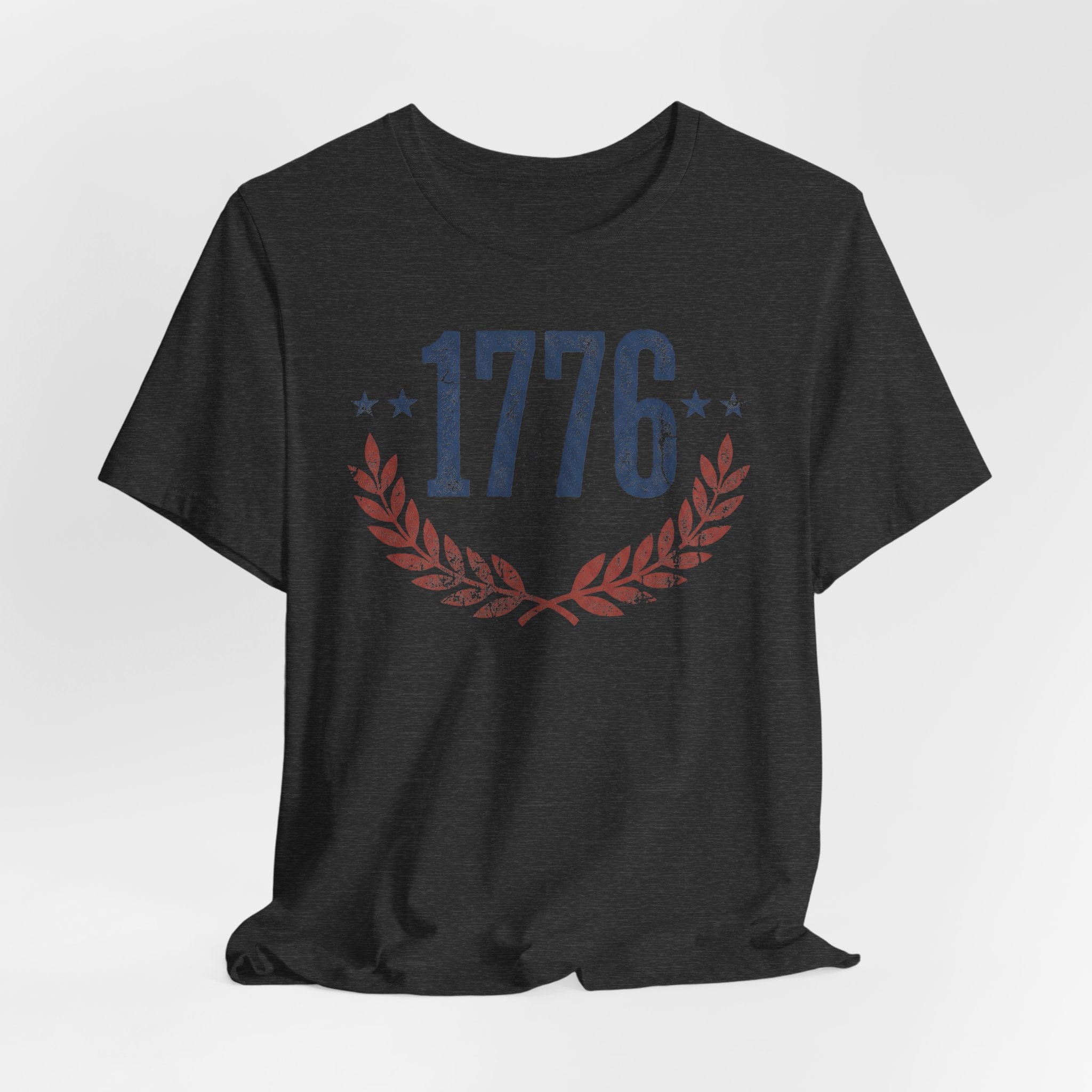 Dark gray crewneck T-shirt with 1776 text and laurel wreath graphic