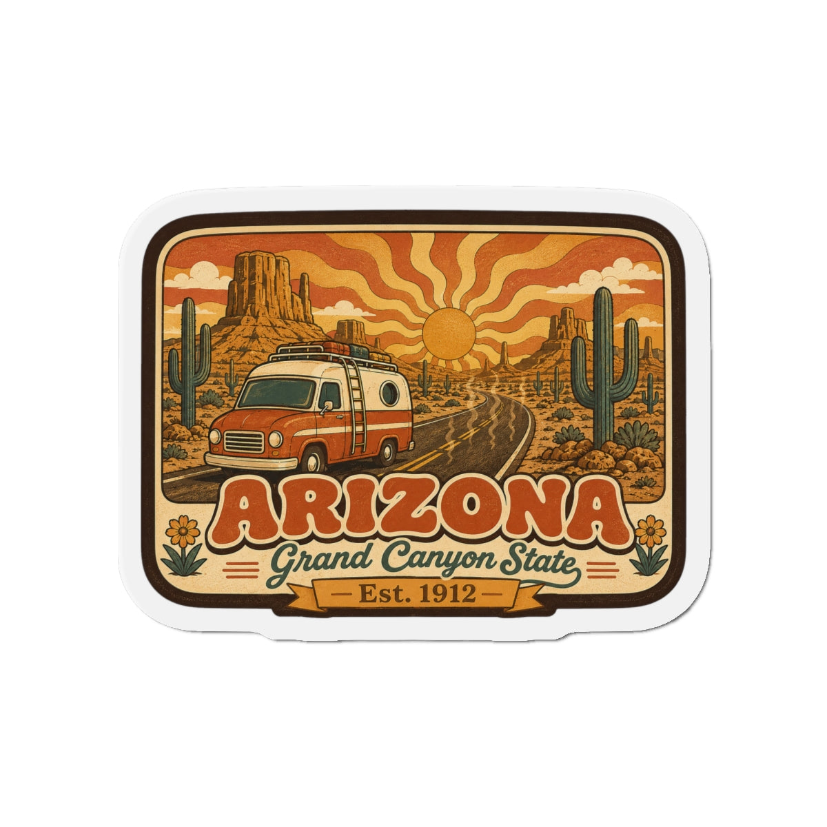 Die-cut Arizona state van magnet with vintage van, winding road, and “Grand Canyon State”
