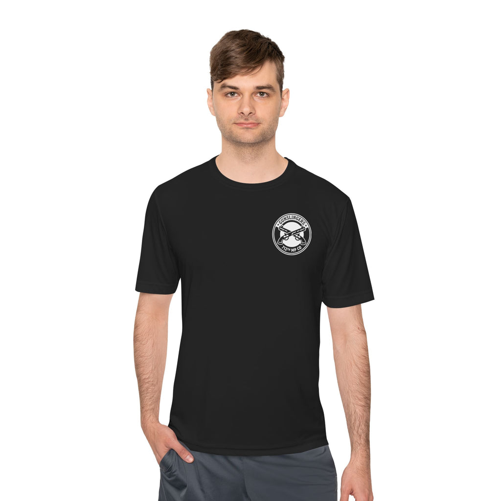 Black tactical T-shirt with chest circular logo, worn by model