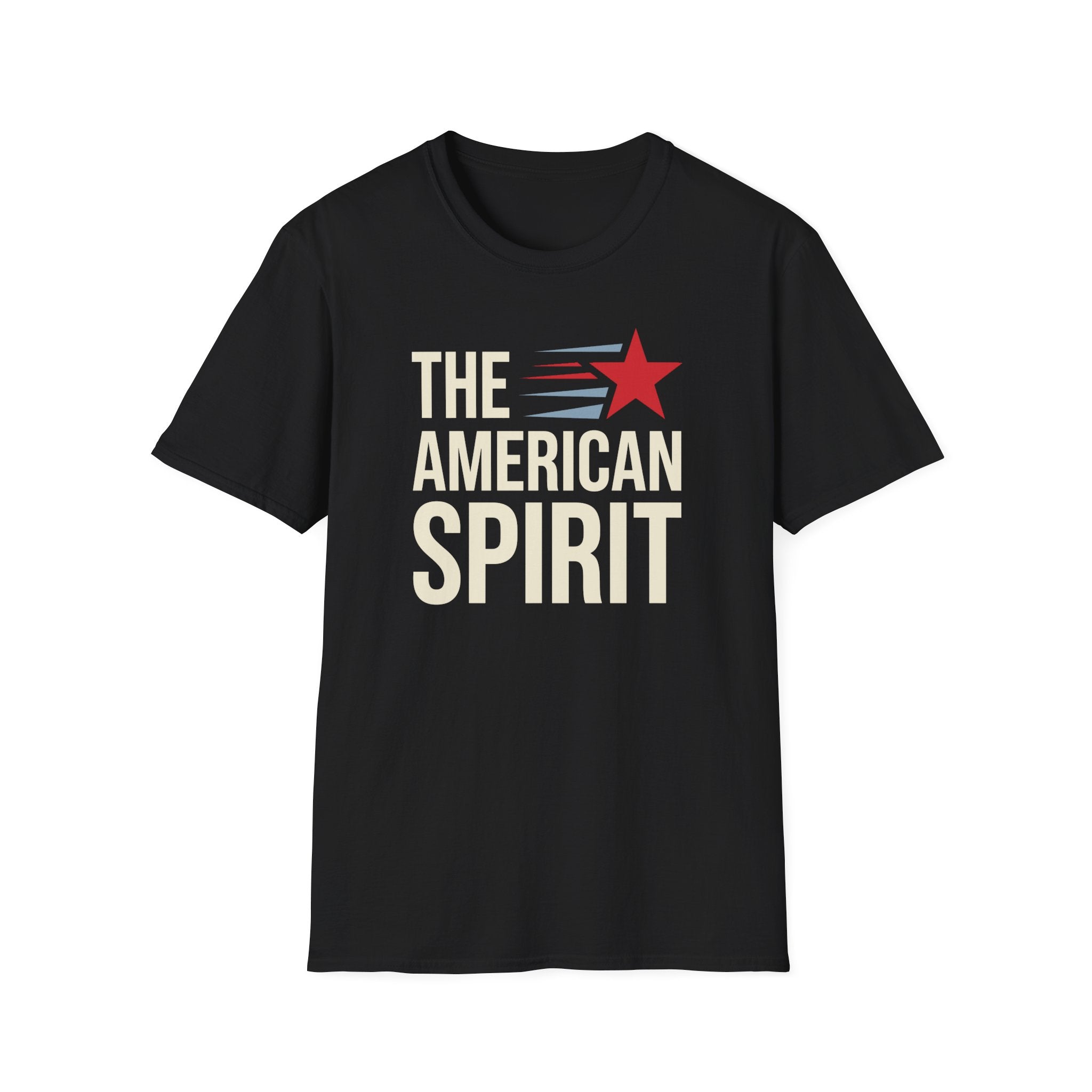 Patriotic graphic t-shirt in black with 'THE AMERICAN SPIRIT' and red star