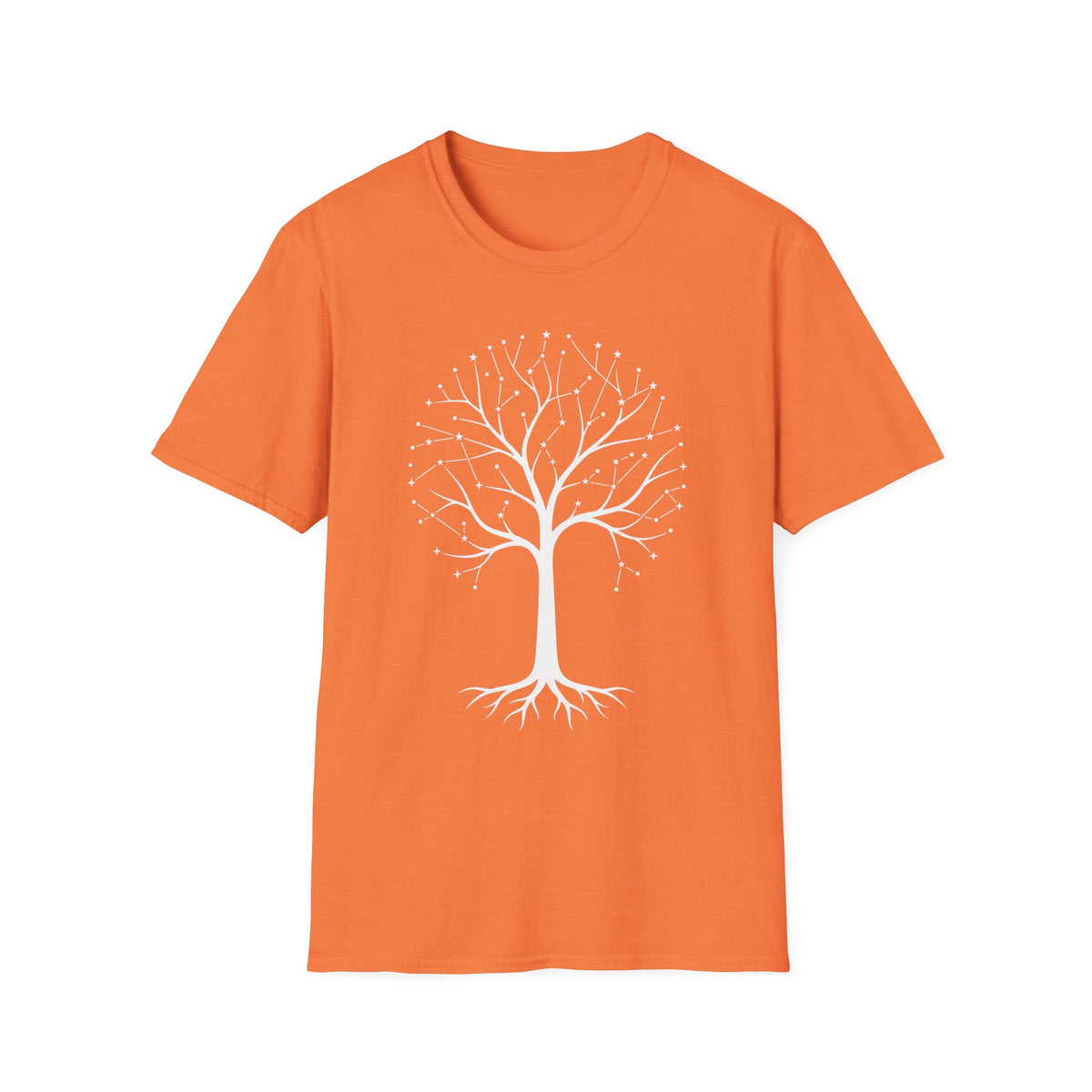 Orange Tree of Life T-shirt with white constellation tree graphic, front view