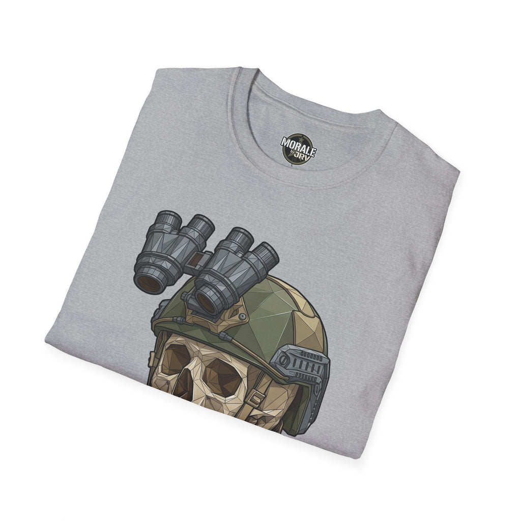 Heather gray NVG tactical helmet graphic T-shirt with circular chest brand logo