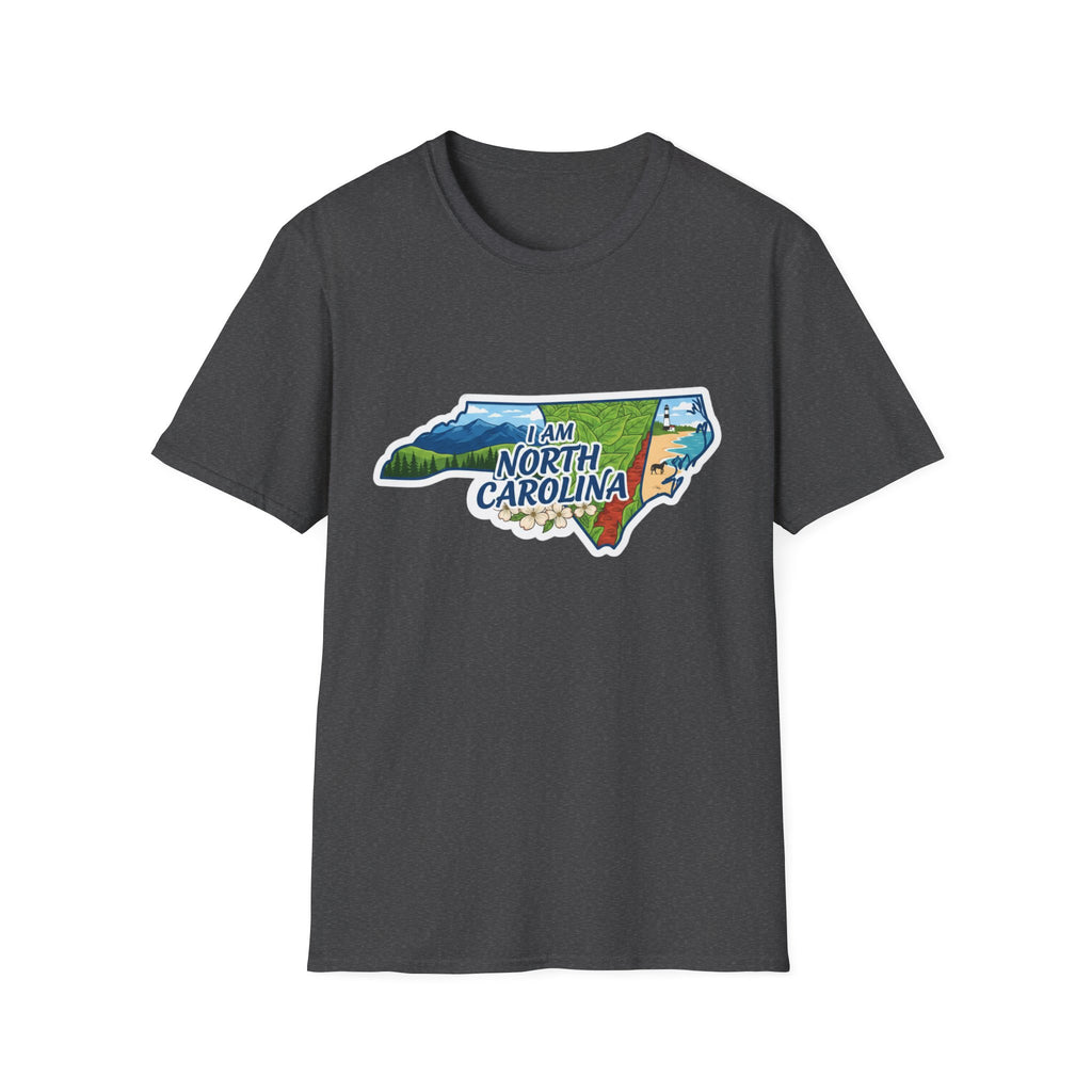 (Graphite Heather) North Carolina map T-shirt with nature and floral graphic
