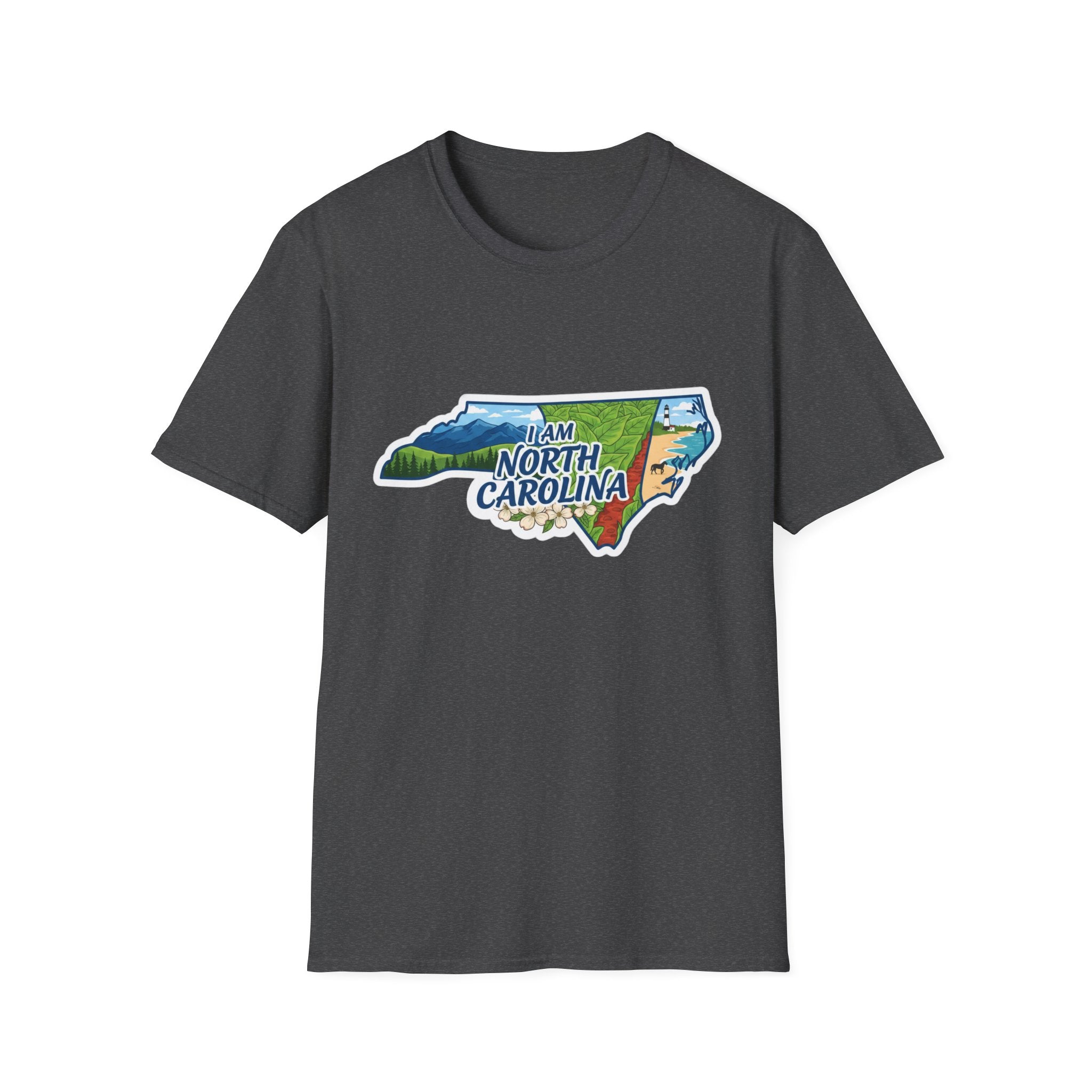 (Graphite Heather) North Carolina map T-shirt with nature and floral graphic