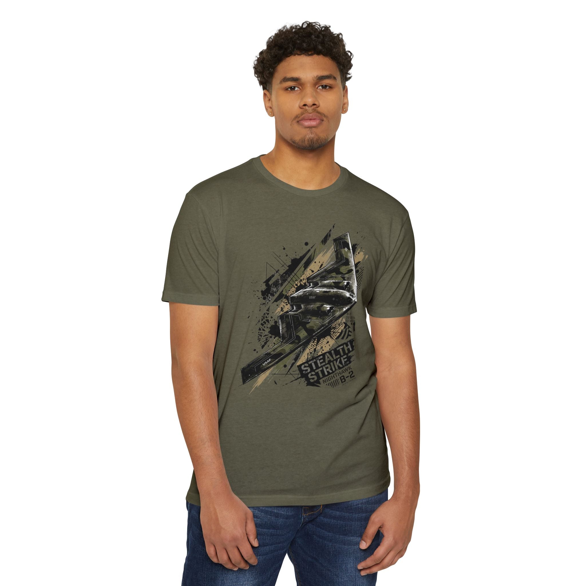 Dark olive B-2 bomber graphic t-shirt, crew neck and short sleeves