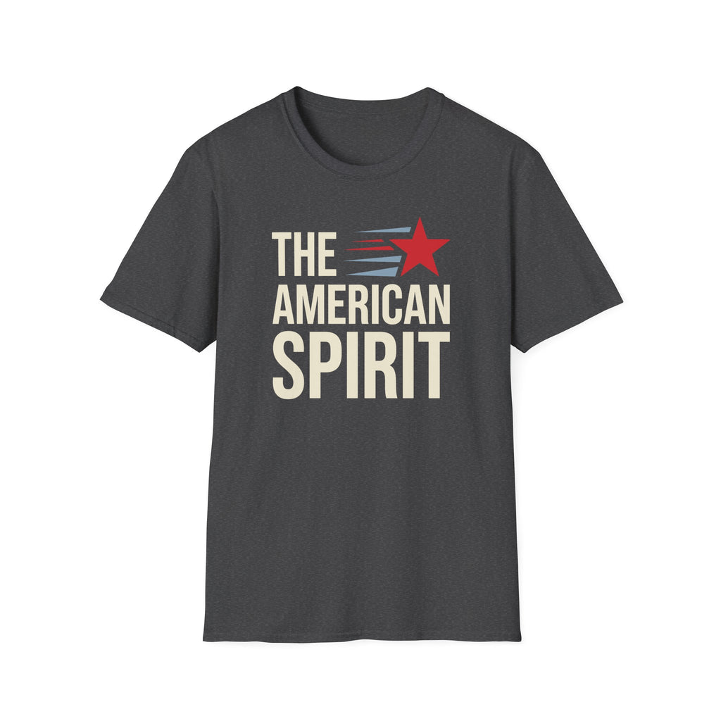 T-shirt, charcoal gray, crew neck, short sleeves, "THE AMERICAN SPIRIT" logo.