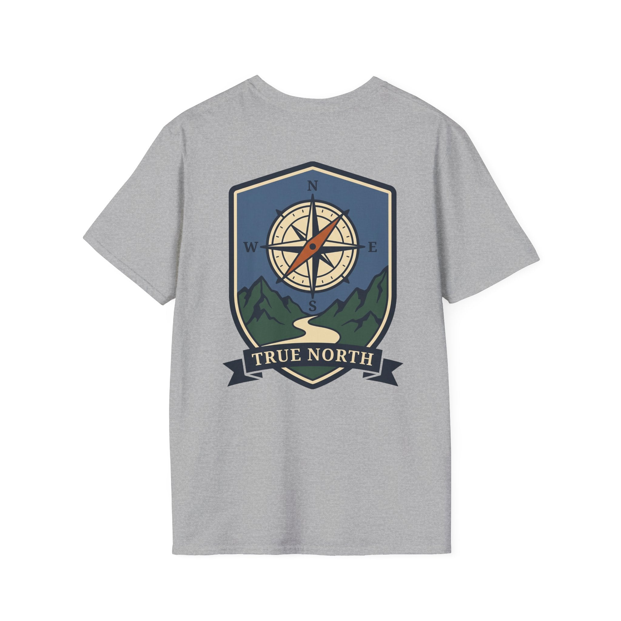 Light gray heather T-shirt with compass shield graphic and “TRUE NORTH” banner on chest